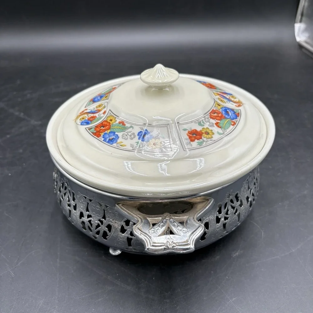Vtg Hall China Forman Bros Round Casserole Dish Floral Birds Vented Lid Covered